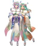  2girls ahoge aqua_eyes ball breasts bubble crystal cuboon fire_emblem fire_emblem_heroes forehead_jewel full_body heidr_(fire_emblem) highres holding holding_ball japanese_clothes jewelry kimono large_breasts multicolored_hair multiple_girls non-web_source obi official_alternate_costume official_art open_mouth parted_lips purple_hair sandals sash second-party_source seidr_(fire_emblem) seidr_(new_year)_(fire_emblem) short_hair smile solo tabi teeth white_background yellow_eyes 