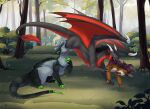 claws cmitchell dragon feral forest green_claws grey_body grey_skin group hi_res horn kobold long_tail male plant purple_horn red_wings tail tree trio vore wings
