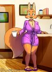 absurd_res anthro bathrobe beverage big_breasts big_tail bluebambo bottomless breasts cleavage clothed clothing coffee coffee_mug diane_foxington dreamworks female flip_flops footwear hi_res open_mouth open_smile robe sandals smile solo tail the_bad_guys