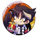  1boy bandages black_hair black_wings chain devil_jin facial_mark forehead_jewel gift grey_horns grin happy_birthday holding holding_gift horns kazama_jin kotorai looking_at_object male_focus no_nose round_image sharp_teeth signature smile solo sparkle teeth tekken wings yellow_eyes 
