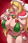 1girl absurdres bell bikini blonde_hair breasts brown_eyes capelet christmas_stocking closed_mouth cynthia_(pokemon) green_bikini hair_over_one_eye hat highres holding holding_sack huge_breasts long_hair looking_at_viewer muppy_(muppy0163) pokemon pokemon_dppt red_background red_capelet red_nails sack santa_hat sidelocks simple_background smile solo swimsuit thick_thighs thighs 