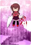  1girl angel_wings black_thighhighs blood bloody_wings border braid brown_hair closed_eyes cloud feathered_wings flying funamusea_(style) madotsuki no_mouth pink_background pink_sweater print_sweater purple_skirt red_footwear skirt solo sweater thc_(thc3795) thighhighs turtleneck turtleneck_sweater twin_braids white_border wings yume_nikki 