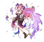  1girl absurdres anbe_yoshirou ass blush breasts cleavage curled_horns fire_emblem fire_emblem_heroes floating floating_object frilled_sleeves frills fur_trim gloves goat_horns hair_ornament highres horns large_breasts long_hair multicolored_hair nerthuz_(fire_emblem) nerthuz_(new_year)_(fire_emblem) official_art origami paper_crane pink_hair ponytail purple_eyes solo third-party_source torn_clothes two-tone_hair very_long_hair 