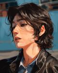  1boy blue_shirt brown_eyes brown_hair day highres jacket leather leather_jacket male_focus original outdoors parted_lips sam_yang shirt short_hair solo upper_body 