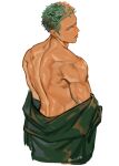  1boy back bare_back coat green_coat green_hair highres looking_at_viewer looking_back male_focus muscular muscular_male nisir0 one_piece open_clothes roronoa_zoro short_hair solo tan white_background 