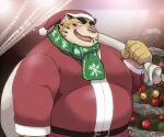 00murice 2023 anthro belly big_belly blush christmas christmas_clothing christmas_headwear christmas_tree clothing costume felid hat headgear headwear holidays humanoid_hands kemono low_res male mammal overweight overweight_male pantherine plant santa_costume santa_hat scarf solo tiger tree