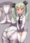  anchovy anzio_school_uniform ass blush breasts brown_eyes commentary_request crotch crotch_seam from_below girls_und_panzer green_hair highres looking_at_viewer necktie panties panties_under_pantyhose pantyhose school_uniform sikijou77o solo thighband_pantyhose twintails underwear white_legwear zoom_layer 