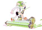  1girl absurdres bike_shorts blue_eyes commentary_request commission dynamo_roller_(splatoon) full_body green_hair heatinsulator highres holding holding_weapon inkling inkling_girl paint pointy_ears shirt short_hair simple_background solo splatoon_(series) splatoon_3 tentacle_hair weapon white_background white_shirt 