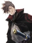  1boy black_cape brown_eyes brown_hair cape grey_kimono hair_between_eyes highres japanese_clothes katana kimono kurima_raizou male_focus miosaka0000 revenger sheath sheathed simple_background solo spiked_hair sword upper_body weapon white_background 