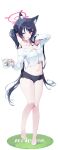  1girl absurdres animal_ear_fluff animal_ears barefoot black_hair black_panties blue_archive blush breasts cat_ears cleavage cup extra_ears full_body halo highres holding holding_cup long_hair long_sleeves looking_at_viewer meunhongcha navel one_eye_closed open_mouth panties red_eyes red_halo serika_(blue_archive) shirt simple_background small_breasts solo twintails underwear white_background white_shirt 