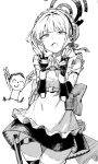  1boy 1girl absurdres apron blue_archive doodle_sensei_(blue_archive) double_v fingerless_gloves gloves greyscale halo hayashi_itsuki headset highres looking_at_viewer maid maid_apron maid_headdress monochrome open_mouth sensei_(blue_archive) short_hair simple_background thigh_strap thighs toki_(blue_archive) v white_background 