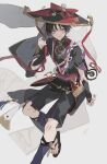  1boy absurdres bishounen black_hair full_body gauntlets genshin_impact hat highres japanese_clothes jewelry male_focus necklace purple_eyes red_ribbon ribbon sandals scaramouche_(genshin_impact) shorts solo yuitonoel 