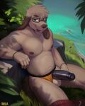 anthro areola athletic athletic_anthro athletic_male balls big_penis black_penis bodily_fluids bottomwear bottomwear_down bracelet brown_areola brown_body brown_fur brown_nipples cabura canid canine canis clothed clothing clothing_aside domestic_dog erection eyewear fur genital_fluids genitals glasses grass green_eyes hi_res humanoid_genitalia humanoid_penis jewelry jockstrap long_ears male mammal nipples outside pants pants_down partially_clothed pecs penis plant precum reed_(bearra) sitting smile solo tongue tongue_out topless underwear underwear_aside water yellow_clothing yellow_jockstrap yellow_underwear
