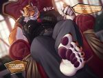 2023 anthro barazoku barefoot big_feet big_muscles bottomwear bulge cancerdoge chair claws clothed clothing coin demanding dialogue dress_shirt dutch_angle english_text epic_games feet felid fingerless_gloves foot_fetish fortnite fur furniture gloves handwear hi_res humanoid_feet inside inviting looking_at_viewer male mammal muscular muscular_anthro muscular_male necktie on_chair orange_body orange_fur oscar_(fortnite) pantherine pants pawpads plantigrade scar shirt sitting smile soles solo striped_body striped_fur stripes talking_to_viewer text tiger topwear tuft vest white_body white_fur yellow_sclera