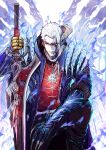  1boy absurdres blue_jacket claws devil_breaker devil_may_cry_(series) devil_may_cry_5 devil_trigger glowing glowing_eyes glowing_wings highres hood hooded_jacket jacket long_long_guaiwu_yuan looking_at_viewer mechanical_arms nero_(devil_may_cry) open_clothes open_jacket red_queen_(sword) single_mechanical_arm smile solo white_hair wings yellow_eyes 