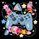  3others black_background butterfly_net commentary controller dualshock english_commentary game_console game_controller gamepad guppiesz hand_net highres monkey multiple_others playstation_1 playstation_controller product_placement saru_getchu wire 