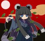  1girl animal_ears blue_bow blue_eyes blue_kimono bow bright_pupils closed_mouth cloud funamusea funamusea_(style) grey_hair hand_up hofuru_(funamusea) japanese_clothes kimono leaf long_hair moon mountain oounabara_to_wadanohara raccoon_ears raccoon_girl raccoon_tail red_background solo tail thc_(thc3795) white_pupils wind 