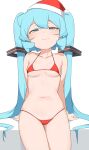  1girl abmayo absurdres alternate_costume arm_support bare_arms bare_shoulders bikini blue_eyes blue_hair breasts closed_mouth collarbone commentary double-parted_bangs hair_between_eyes hair_ornament hat hatsune_miku highres long_hair looking_at_viewer medium_breasts micro_bikini navel red_bikini red_headwear santa_bikini santa_hat simple_background sitting sitting_on_object smirk solo swimsuit symbol-only_commentary twintails very_long_hair vocaloid white_background 