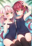  2girls antenna_hair arm_up black_one-piece_swimsuit black_thighhighs blurry blurry_foreground bow breasts brown_wings cameltoe commentary covered_navel demon_girl demon_tail demon_wings depth_of_field hair_between_eyes hair_bow hair_intakes hair_ornament hanamiya_natsuka hand_up long_hair multiple_girls old_school_swimsuit one-piece_swimsuit original pink_hair red_hair school_swimsuit small_breasts strap_slip swimsuit symbol-only_commentary tail thighhighs twintails two_side_up v very_long_hair water wings x_hair_ornament yellow_bow yellow_eyes 