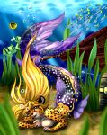  amber_eyes blonde_hair breasts bubble cheetah digital_media_(artwork) feline female fish hair long_hair looking_at_viewer mammal marine merfolk mihari rika solo spots underwater water 