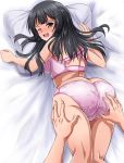  ass ass_grab bed blush bra commentary_request hair_ornament hairpin hands_on_ass highres kantai_collection long_hair out_of_frame oyashio_(kantai_collection) panties pillow pink_bra pink_panties pov pov_hands solo_focus underwear white_background zanntetu 