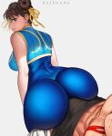  1boy 1girl absurdres artist_name ass blue_bodysuit blue_vest bodysuit brown_eyes brown_hair bulge buttjob chun-li cowboy_shot double_bun grey_background hair_bun hair_ribbon hetero highres huge_ass looking_at_viewer looking_back parted_lips rezeharu ribbon short_hair simple_background skin_tight street_fighter street_fighter_zero_(series) thighs vest wide_hips yellow_ribbon 