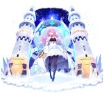  blue_eyes breasts cbu_jp cleavage_cutout clothing_cutout cosmic_break detached_sleeves dress earrings flower hair_over_one_eye highres ice jewelry large_breasts myra_bastion pink_hair rose snow snowflakes tiara tighs tower white_dress white_flower white_rose 