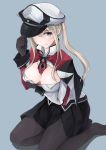  black_gloves black_legwear blonde_hair blue_background blush breasts capelet cleavage cross embarrassed gloves graf_zeppelin_(kantai_collection) grey_eyes hair_between_eyes hat highres iron_cross jacket kantai_collection large_breasts military military_hat military_uniform minami_machi miniskirt necktie pantyhose peaked_cap sitting skirt solo torn_jacket twintails uniform wariza white_hat 