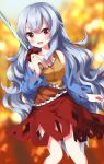  1girl :d bare_shoulders blurry blurry_background blush breasts commentary_request detached_sleeves grey_hair highres holding_cleaver long_hair looking_at_viewer medium_breasts red_eyes ruu_(tksymkw) sakata_nemuno smile solo touhou very_long_hair 