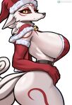amaterasu_(okami) anthro biped breasts canid canine capcom clothed clothing cooliehigh eyelashes female fur hat headgear headwear hi_res looking_at_viewer looking_back mammal okami_(capcom) pupils smile white_body