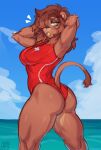 2023 anthro artist_name big_breasts blush breasts brown_hair butt clothed clothing cloud eyebrows eyelashes fangs felid female furgonomics hair hair_over_eye half-closed_eyes hands_behind_head hdhxrrfg hi_res lifeguard lifeguard_swimsuit lion long_hair looking_at_viewer mammal narrowed_eyes one-piece_swimsuit one_eye_obstructed open_mouth outside pantherine sky solo swimwear teeth thick_thighs tight_clothing water yellow_eyes