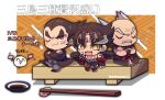  3boys :3 balding black_coat black_hair border bowl chain chopsticks closed_eyes coat crossed_arms dated devil_jin dougi facial_hair facial_mark forehead_jewel grey_facial_hair grey_horns grey_jacket grey_pants horns jacket kazama_jin kotorai male_focus mini_person miniboy mishima_heihachi mishima_kazuya multiple_boys mustache no_nose old old_man one_eye_closed open_mouth pants pointing pointing_at_self scar scar_on_cheek scar_on_face short_hair signature sitting tekken thick_eyebrows translation_request v-shaped_eyebrows white_border yellow_eyes 