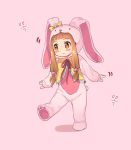  :&lt; animal_costume blush blush_stickers bow brown_eyes brown_hair bunny_costume chibi closed_mouth eyebrows full_body highres ichihara_nina idolmaster idolmaster_cinderella_girls kamille_(vcx68) long_hair looking_away pink_background simple_background sleeves_past_wrists solo twintails yellow_bow 