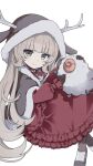  .live 1girl alternate_costume animal_ears blunt_bangs blush dress green_eyes grey_hair highres hime_cut hood horns merry_milk pantyhose sheep simple_background smile solo stuffed_animal stuffed_toy tonogai_yoshiki virtual_youtuber white_background winter_clothes 