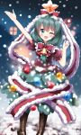  1girl aqua_eyes blurry blurry_background boots bow brown_footwear christmas_lights christmas_tree commentary_request frilled_bow frilled_ribbon frills front_ponytail green_hair hair_bow hair_ribbon hand_up highres kagiyama_hina long_ribbon looking_at_viewer one_eye_closed open_mouth outdoors puffy_short_sleeves puffy_sleeves red_bow ribbon ruu_(tksymkw) santa_costume short_sleeves smile snowing solo touhou winter 