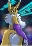  2018 3_fingers anthro areola armwear bedroom_eyes big_breasts black_nose black_sclera blue_eyes breasts bridal_gauntlets butt canine claws clothing digimon eyelashes female fur half-closed_eyes looking_at_viewer looking_back mammal mostly_nude multicolored_fur neck_tuft nipples nude patreon pawpads renamon seductive smile solo standing tuft white_fur yawg yellow_fur 