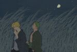  2boys black_pants blonde_hair blue_jacket center_opening cigarette closed_eyes colored_skin crescent_moon curly_eyebrows errrrrliao_ge_ai from_side green_hair green_jacket grey_shirt hand_in_pocket haramaki holding holding_cigarette jacket jewelry male_focus moon multiple_boys multiple_swords night night_sky one_piece pants roronoa_zoro sanji_(one_piece) scar scar_across_eye scar_on_chest scar_on_face shirt short_hair sky smile star_(sky) sword tan upper_body weapon wheat_field white_skin 