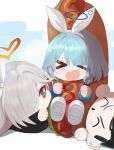  &gt;_&lt; +_+ 1boy 2girls arona_(blue_archive) black_jacket blue_archive blue_hair chibi closed_eyes commentary_request dokomon doodle_sensei_(blue_archive) grey_eyes grey_hair hair_over_one_eye hair_ribbon hairband halo highres hot_dog_costume jacket korean_commentary long_sleeves multiple_girls plana_(blue_archive) puffy_long_sleeves puffy_sleeves ribbon sensei_(blue_archive) shoe_soles shoes tears white_footwear white_hairband white_ribbon wide_sleeves 