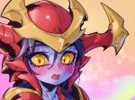  1girl :o armor black_hair blush colored_sclera colored_skin fangs helmet league_of_legends long_hair multicolored_background orange_eyes orange_sclera phantom_ix_row portrait purple_skin red_armor shyvana slit_pupils solo 