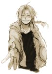  black_shirt closed_eyes commentary_request edward_elric eyebrows_visible_through_hair fullmetal_alchemist greyscale happy jacket long_hair male_focus monochrome outstretched_hand ponytail shirt simple_background smile solo tsukuda0310 upper_body white_background 