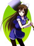  1girl artist_request bandolier bow brown_hair japanese_clothes kimono kuonji_ukyou looking_at_viewer open_mouth ranma_1/2 sash spatula stockings very_long_hair yellow_eyes 