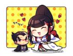  1boy 1girl :&lt; black_coat black_eyes black_hair border chibi closed_eyes coat grey_jacket grey_pants headpat heart heterochromia jacket japanese_clothes kimono kotorai mishima_kazumi_(tekken) mishima_kazuya mother_and_son open_mouth pants red_eyes red_ribbon ribbon sandals squatting tekken tekken_7 white_border white_kimono 