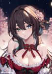  1girl bare_shoulders black_hair bow breasts cherry_blossoms cleavage dress duplicate expressionless falling_petals flower fur-trimmed_dress fur_trim hair_flower hair_ornament helloimtea highres honkai:_star_rail honkai_(series) jewelry large_breasts long_hair looking_at_viewer mistletoe petals ruan_mei_(honkai:_star_rail) santa_dress solo upper_body 