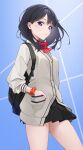  1girl backpack bag black_bag black_skirt blue_background blue_eyes bow brown_cardigan cardigan cowboy_shot gridman_universe hands_in_pockets highres kuen_(kuennn12) long_sleeves looking_at_viewer medium_hair orange_scrunchie partially_unbuttoned pleated_skirt red_bow scrunchie shirt simple_background skirt solo ssss.gridman takarada_rikka white_shirt wrist_scrunchie 