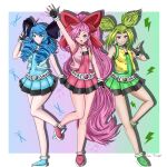  3girls absurdres bandaid bandaid_on_face belt blue_dress blue_eyes blue_footwear blue_hair blue_vest border brown_eyes collar cosplay dress drill_hair finger_gun frosver green_dress green_footwear green_hair green_vest gwen_(league_of_legends) hair_ribbon highres holding holding_scissors idol_clothes league_of_legends lightning_bolt_symbol long_hair multiple_girls musical_note one_eye_closed open_clothes open_vest parted_bangs pink_dress pink_footwear pink_hair pink_vest pleated_dress powerpuff_girls ribbon scissors seraphine_(league_of_legends) short_dress standing standing_on_one_leg twin_drills twintails vest waving white_belt white_border zeri_(league_of_legends) 