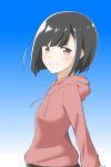  alternate_hair_length alternate_hairstyle black_hair blush bob_cut drawstring eyebrows_visible_through_hair from_side gradient gradient_background grin highres hood hoodie ikonaska kobuchizawa_shirase long_sleeves pink_eyes pink_hoodie short_hair smile solo sora_yori_mo_tooi_basho spoilers 