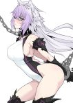  absurdres agrius_metamorphosis animal_ears arched_back arms_behind_back atalanta_(alter)_(fate) atalanta_(fate) black_legwear blush bound braid breasts chain collar commentary_request competition_swimsuit contrapposto fate/apocrypha fate_(series) from_side green_eyes harukon_(halcon) highres large_breasts lavender_hair leash long_hair one-piece_swimsuit parted_lips profile restrained sideboob simple_background skindentation solo standing sweat swimsuit thighhighs white_background 
