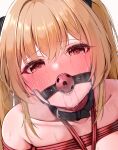  1girl ball_gag bare_shoulders bdsm blonde_hair blush close-up collarbone commentary_request crossed_bangs crying crying_with_eyes_open eyelashes eyes_visible_through_hair from_above gag hair_between_eyes hair_intakes highres konjiki_no_yami lips long_hair looking_at_viewer mumumu_hoshibito nose_blush open_mouth paid_reward_available red_eyes saliva shibari sidelocks simple_background skindentation solo streaming_tears sweat tears teeth to_love-ru tsurime white_background 