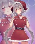  1girl absurdres azur_lane bare_shoulders bell belt blush braid buttons christmas collar cowboy_shot detached_collar dress gloves gradient_background grey_hair hair_between_eyes hair_intakes hands_on_own_chest hands_up hat highres horns long_hair looking_at_viewer low_twin_braids neck_bell nuernberg_(azur_lane) outline parted_lips red_collar red_dress red_eyes red_gloves red_headwear red_horns santa_costume santa_dress santa_hat short_dress sleeveless sleeveless_dress solo sparkle twin_braids vladitsvar white_outline 