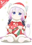  1girl beads blue_eyes blush capelet christmas dragon_girl dragon_horns dragon_tail dress expressionless fur-trimmed_capelet fur-trimmed_dress fur-trimmed_headwear fur_trim hair_beads hair_ornament hat highres horns kanna_kamui kobayashi-san_chi_no_maidragon looking_at_viewer low_twintails merry_christmas samansa_ex santa_costume santa_hat sitting solo star_(symbol) tail thighhighs twintails wariza white_background white_thighhighs 